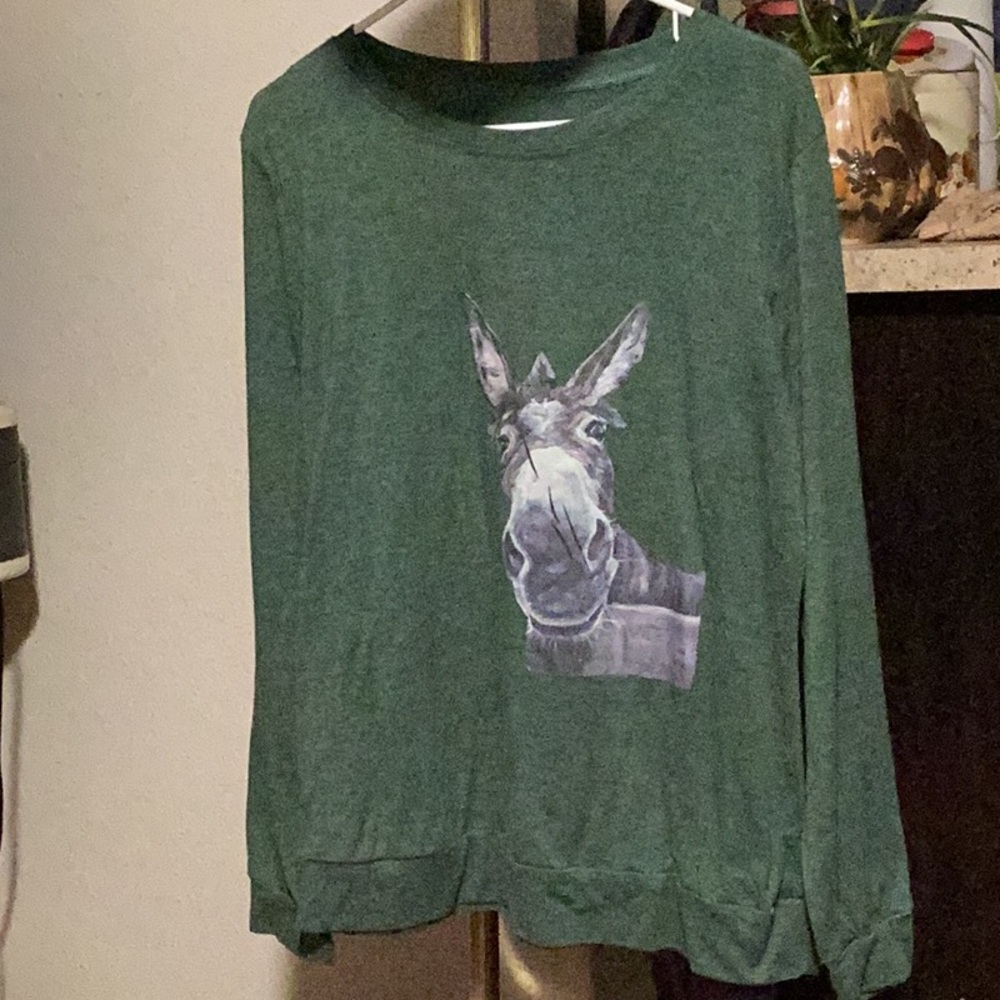 Green Long Sleeve Top with Donkey Graphic